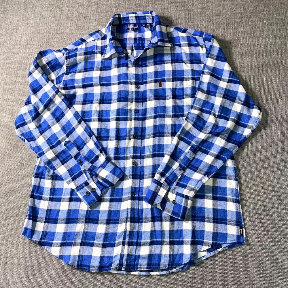 Izod Flannel Shirt Mens XL Multicolor Plaid Pleated Logo Round Hem Button Down
